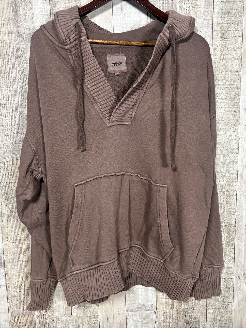 Aerie M Brown Oversized V Neck Pullover Hoodie With Kangaroo Pocket Loungewear